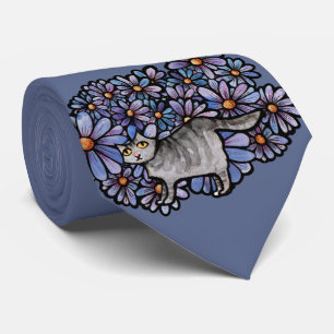 Cravate Kitty Chat Purple Daisées Gris Chat Art Gris Chats