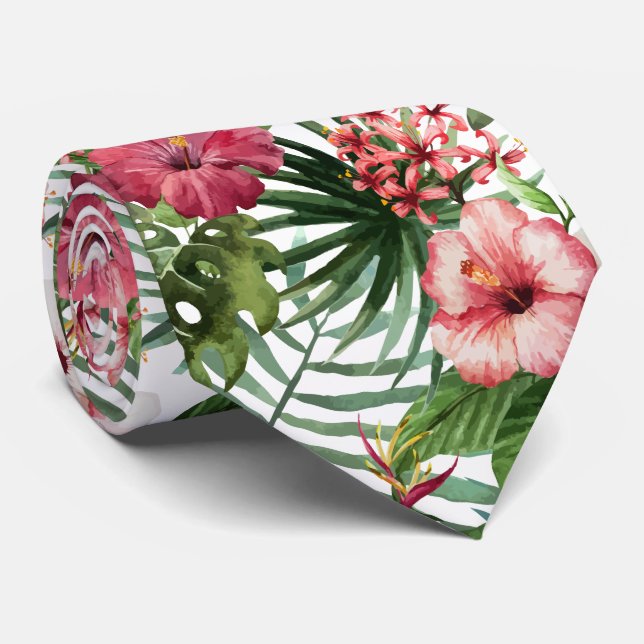 Cravate La ketmie tropicale fleurit le motif de feuillage (Roulé)