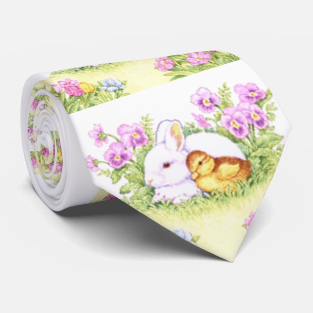 Cravate Lapin, caneton et fleurs de Pâques (Roulé)
