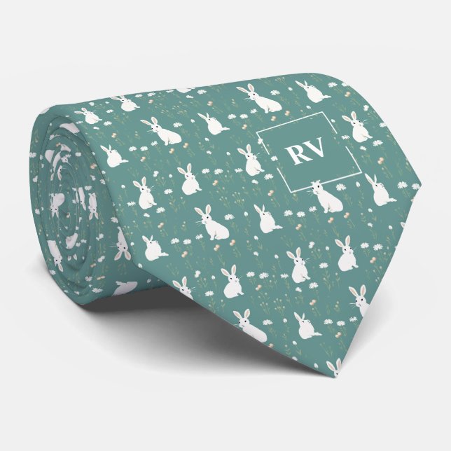 Cravate Lapin de printemps floral monogramme (Roulé)