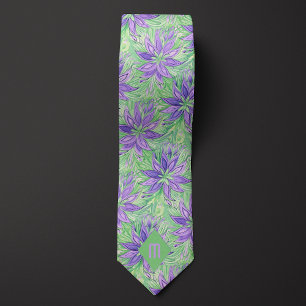 Cravate Lavande Abstraite et florale verte de chaux