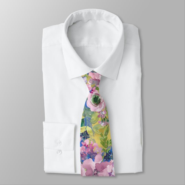Cravate Lavande Blues Aquarelle Floral (Attaché)