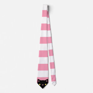Cravate Le chat noir curieux   barre   rose et blanc