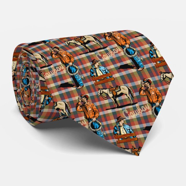 Cravate Les cow-boys et le cheval en plaid (Roulé)
