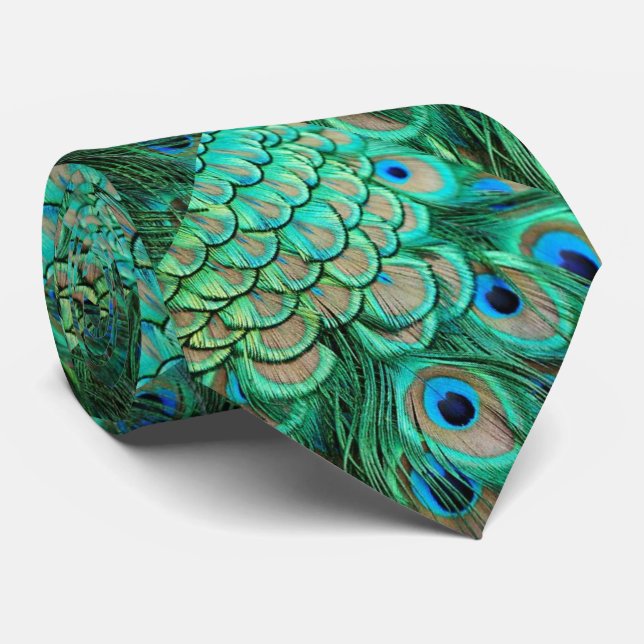 Cravate Lien vert-bleu de motif de plume de paon (Roulé)