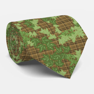 Cravate Lierre vert sur plaid doré noir
