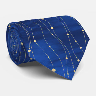 Cravate Lignes et points dorés abstraits sur fond bleu
