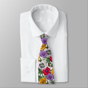 Cravate Lilac Rouge Blanc Jaune Poppies & Feuilles verts
