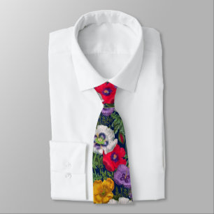 Cravate Lilac Rouge Blanc Jaune Poppies & Feuilles verts
