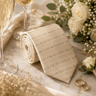 Cravate Lin brut Champagne rayure botanique vert sauge de 