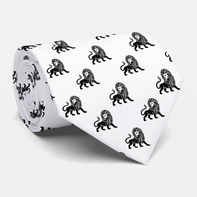 Cravate Lion Motif - Noir sur Blanc (Roulé)