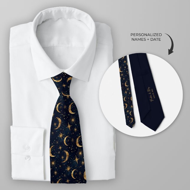 Cravate Lune céleste bleue de minuit et étoiles (Celestial Moon and Stars Wedding Necktie)