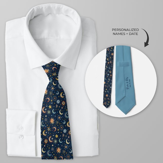 Cravate Lune céleste et étoiles Art populaire (Personalized Celestial Wedding Necktie for groom and  groomsmen.)