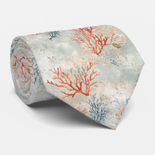 Cravate Luxe Aquarelle Corail et Vagues de l'Océan Côtiers