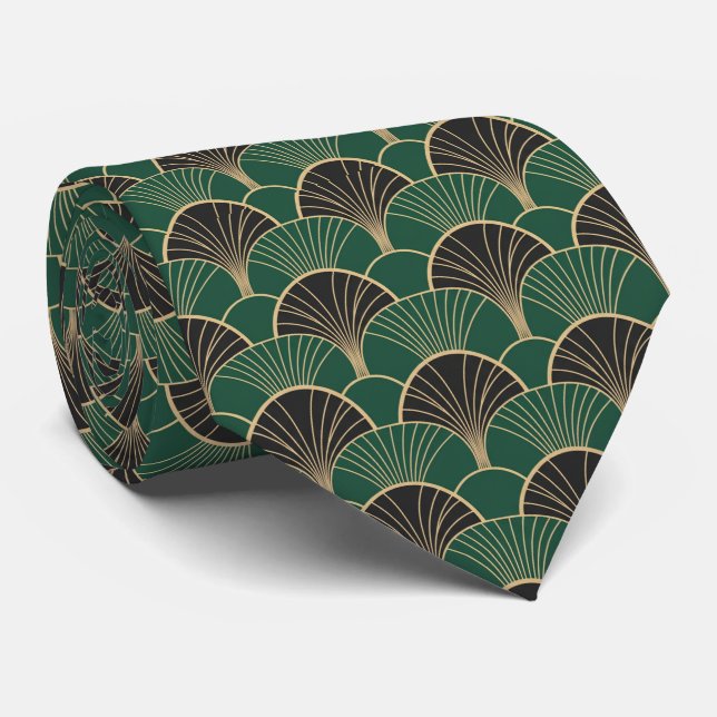 Cravate Luxurious Emerald Green & Gold Art Deco Geometric  (Roulé)