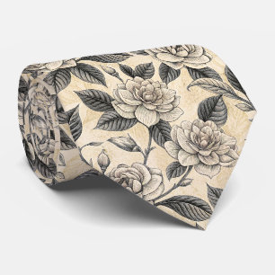 Cravate Magnolia Porcelaine Botanique Gris Blanc