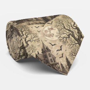 Cravate Maison et Pleine lune vintage hantée