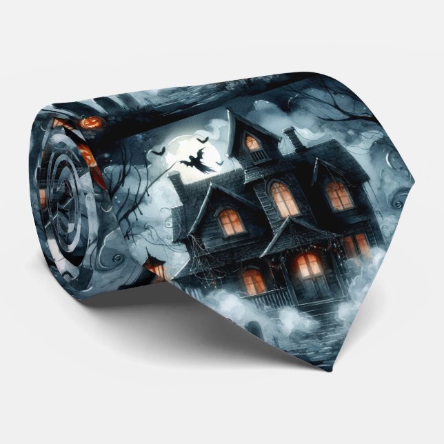 Cravate Maison hantée d'Halloween avec fantômes (Roulé)