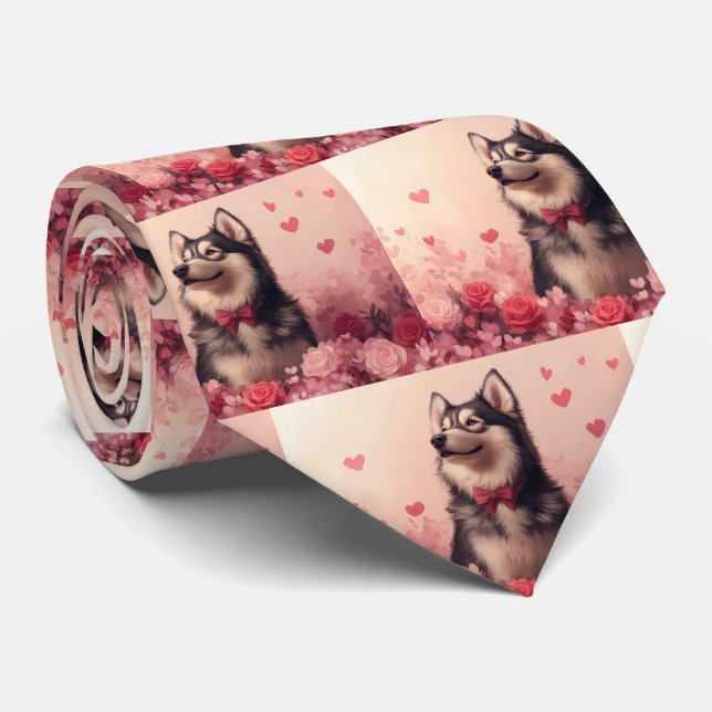 Cravate Malamute d'Alaska avec Rose - Saint-Valentin (Roulé)