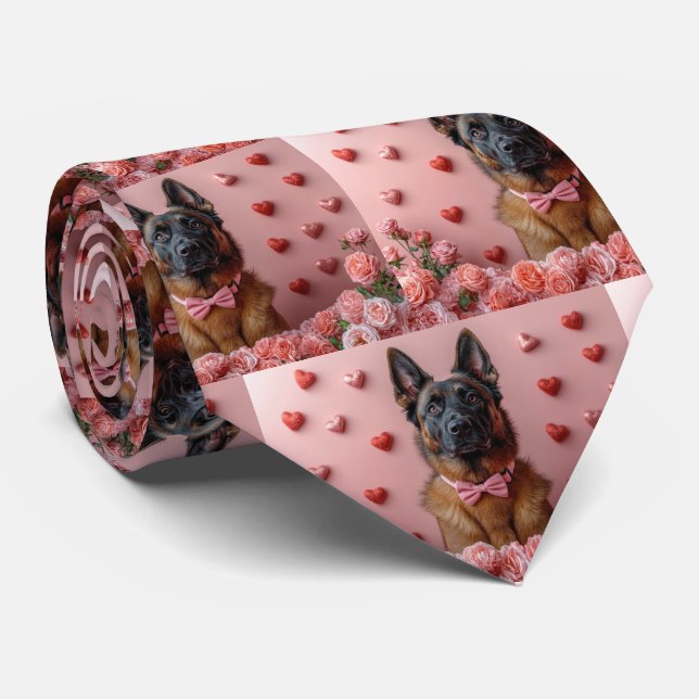 Cravate Malinois belge avec Rose - Saint Valentin (Roulé)