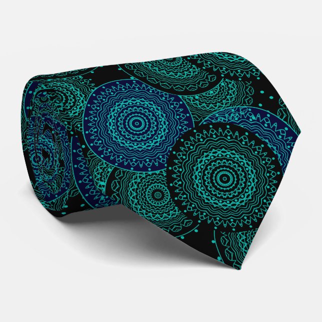 Cravate Mandala bleu turquoise ronde sur arrière - plan no (Roulé)