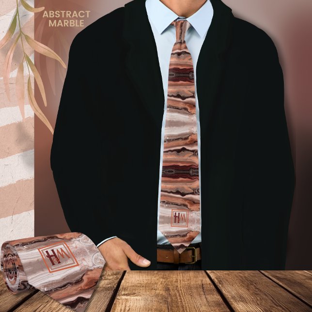 Cravate Marbre Abstrait moderne rose beige Brown Monogramm (Modern Abstract Marble Pink Beige Brown Monogram Neck Tie)