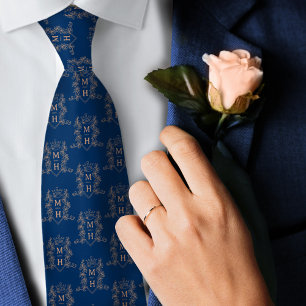 Cravate Mariage bleu rose or couple monogramme couronne