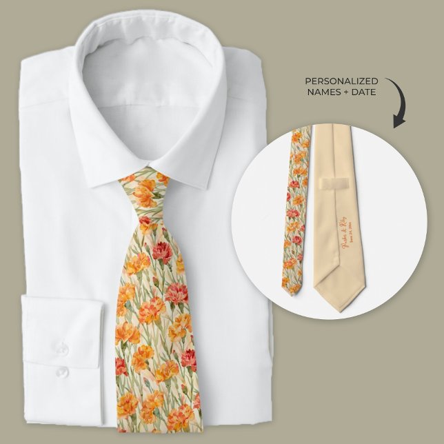 Cravate Mariage Boho Carnation (Boho Wedding necktie, personalized with bride and groom's names and wedding date.)