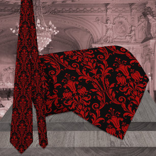 Cravate Mariage damassé Florale noire et rouge