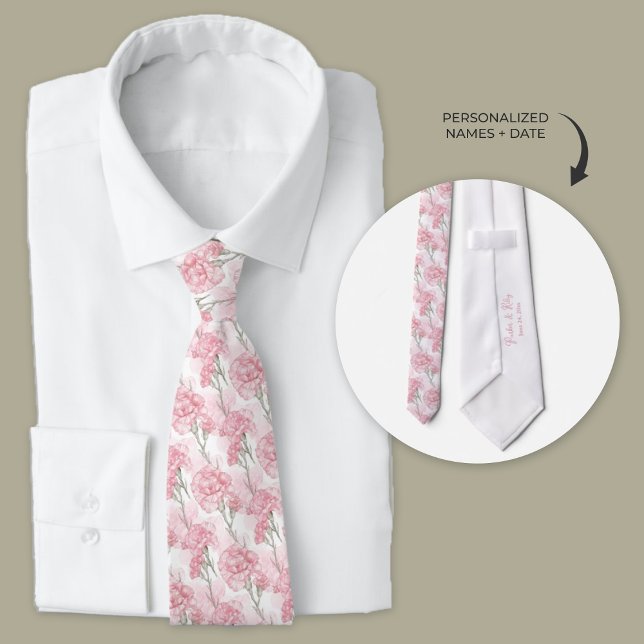 Cravate Mariage de carnation rose (Pink carnation personalized wedding neck tie.)