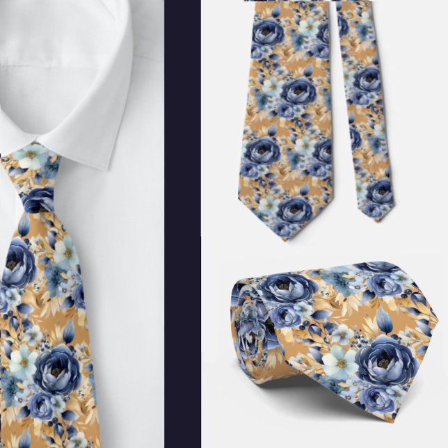 Cravate Mariage de fleurs d'aquarelle bleu marine or (Créateur téléchargé)