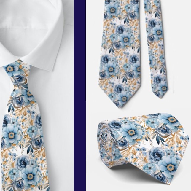 Cravate Mariage de fleurs d'aquarelle bleu marine or (Créateur téléchargé)