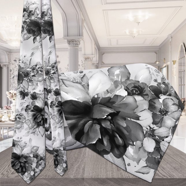 Cravate Mariage de pivoines en cascade noir et bla (Créateur téléchargé)