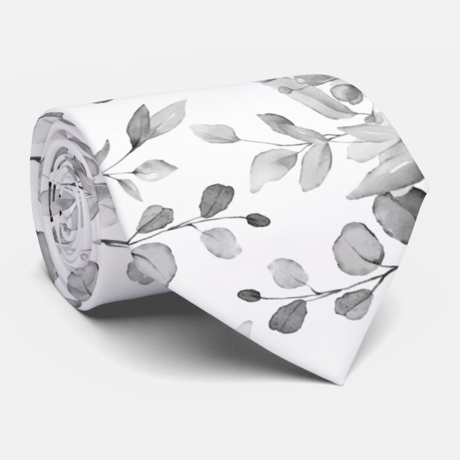 Cravate Mariage de verdure noir et blanc Eucalyptu (Roulé)