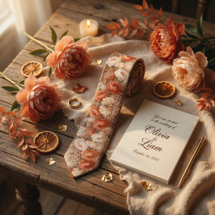 Cravate Mariage Floral aux Pivoines en Terracotta