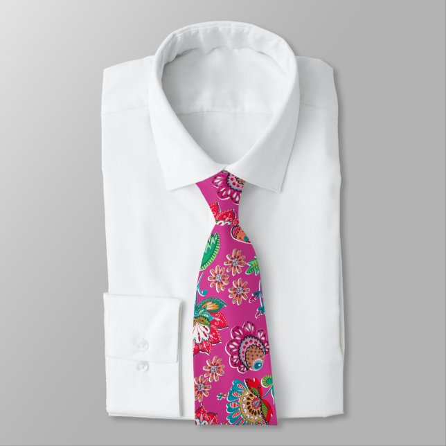 Cravate Mariage floral motif d'art populaire rose vif (Attaché)