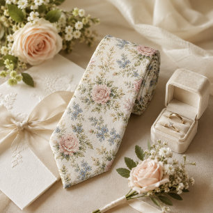 Cravate Mariage floral rose carmin et bleu vintage