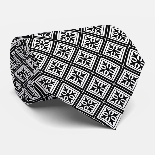 Cravate Mariage noir et blanc géométrique diamant (Roulé)