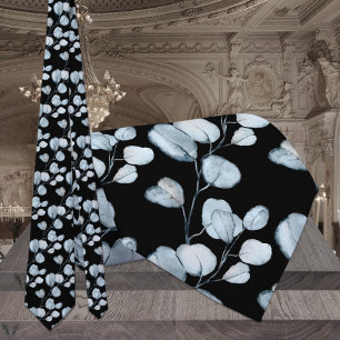 Cravate Mariage Noir Sprigs d'Eucalyptus Bleu Poussiéreux
