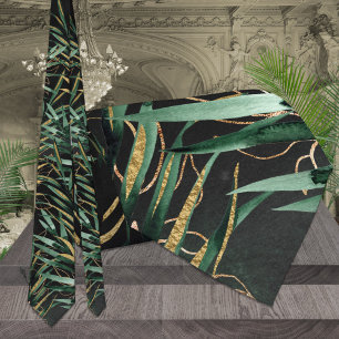 Cravate Mariage Tropical Palmiers & Or Vert Foncé