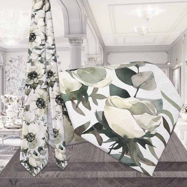 Cravate Mariage vert Eucalyptus aux anémones blancs crémeu (Créateur téléchargé)