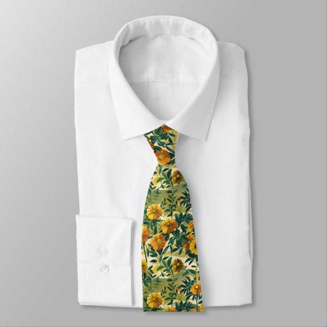 Cravate Marigolds & Maranta Leaves Seamless Autumn Floral  (Attaché)