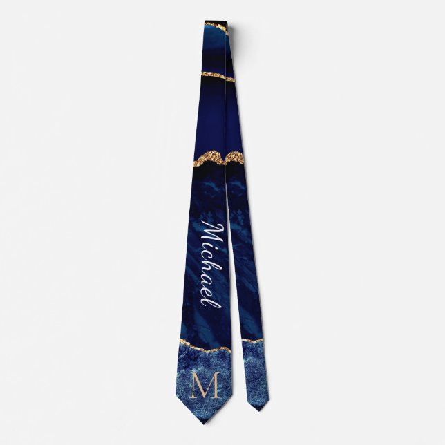 Cravate Marine Blue Gold Marble Lettre personnalisée Votre (Devant)