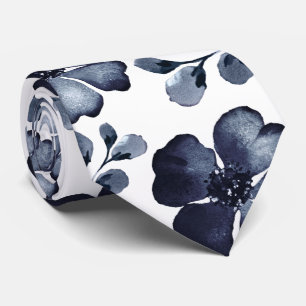 Cravate Marine Poppy Dusty Blue Greenery Mariage d'aquarel