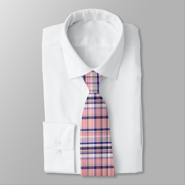 Cravate Marine Rose Bleu Blanc Preppy Madras Plaid (Attaché)