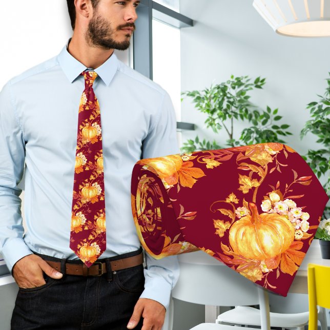 Cravate Maroon Thanksgiving Citrouille Motif Feuille (Créateur téléchargé)
