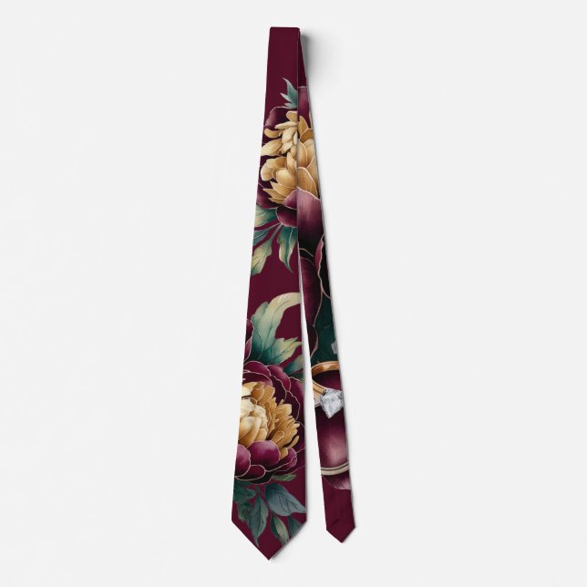 Cravate Marsala Red et Gold Peony Mariage Groom (Devant)
