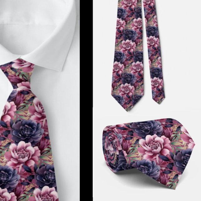 Cravate Mauve Bleu Nuit Rose Floral (Créateur téléchargé)