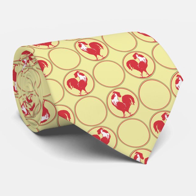 Cravate Médaillon de coq rouge Motif sur Jaune (Roulé)