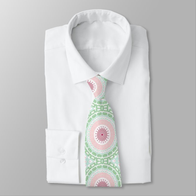 Cravate Médaillon peint Motif en rose et vert (Attaché)